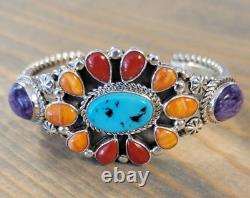 Vintage Navajo Sterling Silver Multi gemstone Cuff Signed JL Jones Latome