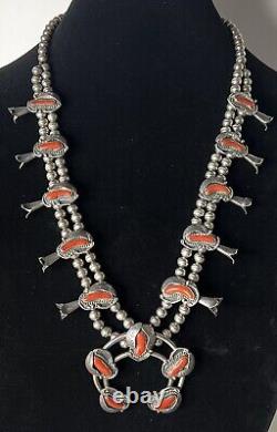 Vintage Navajo Sterling Silver Red Coral Squash Blossom Shadowbox Necklace 28