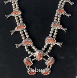 Vintage Navajo Sterling Silver Red Coral Squash Blossom Shadowbox Necklace 28
