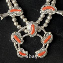 Vintage Navajo Sterling Silver Red Coral Squash Blossom Shadowbox Necklace 28