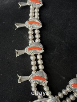 Vintage Navajo Sterling Silver Red Coral Squash Blossom Shadowbox Necklace 28