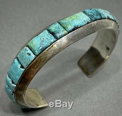 Vintage Navajo Sterling Silver Turquoise Cobblestone Inlay Cuff Bracelet