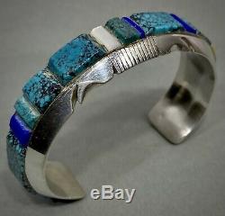 Vintage Navajo Sterling Silver Turquoise Cobblestone Inlay Cuff Bracelet