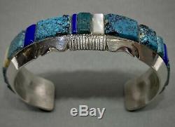 Vintage Navajo Sterling Silver Turquoise Cobblestone Inlay Cuff Bracelet