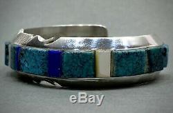 Vintage Navajo Sterling Silver Turquoise Cobblestone Inlay Cuff Bracelet