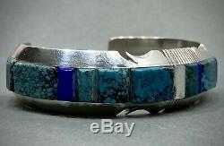 Vintage Navajo Sterling Silver Turquoise Cobblestone Inlay Cuff Bracelet