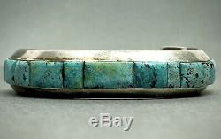 Vintage Navajo Sterling Silver Turquoise Cobblestone Inlay Cuff Bracelet