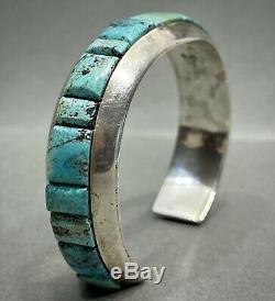 Vintage Navajo Sterling Silver Turquoise Cobblestone Inlay Cuff Bracelet