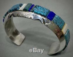 Vintage Navajo Sterling Silver Turquoise Cobblestone Inlay Cuff Bracelet