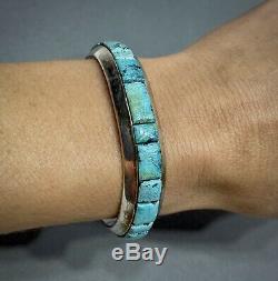 Vintage Navajo Sterling Silver Turquoise Cobblestone Inlay Cuff Bracelet