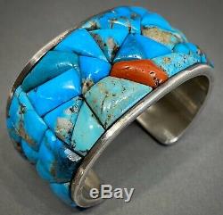 Vintage Navajo Sterling Silver Turquoise Coral Cobblestone Cuff Bracelet HEAVY