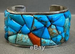 Vintage Navajo Sterling Silver Turquoise Coral Cobblestone Cuff Bracelet HEAVY