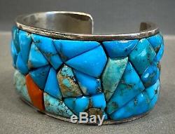 Vintage Navajo Sterling Silver Turquoise Coral Cobblestone Cuff Bracelet HEAVY