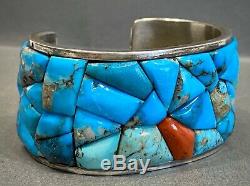 Vintage Navajo Sterling Silver Turquoise Coral Cobblestone Cuff Bracelet HEAVY