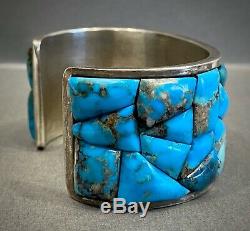 Vintage Navajo Sterling Silver Turquoise Coral Cobblestone Cuff Bracelet HEAVY