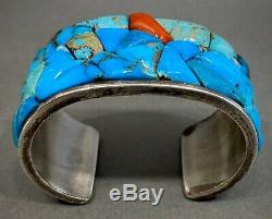 Vintage Navajo Sterling Silver Turquoise Coral Cobblestone Cuff Bracelet HEAVY