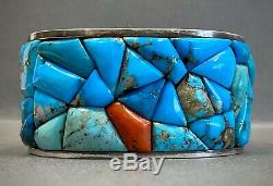 Vintage Navajo Sterling Silver Turquoise Coral Cobblestone Cuff Bracelet HEAVY