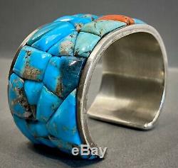 Vintage Navajo Sterling Silver Turquoise Coral Cobblestone Cuff Bracelet HEAVY