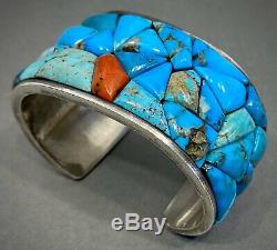 Vintage Navajo Sterling Silver Turquoise Coral Cobblestone Cuff Bracelet HEAVY