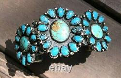 Vintage Navajo Sterling Silver Turquoise Triple Cluster Stamped Cuff Bracelet