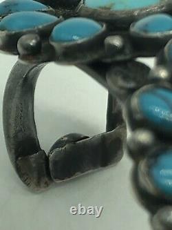 Vintage Navajo Sterling Silver Turquoise Triple Cluster Stamped Cuff Bracelet