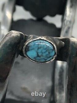 Vintage Navajo Sterling Silver Turquoise Triple Cluster Stamped Cuff Bracelet