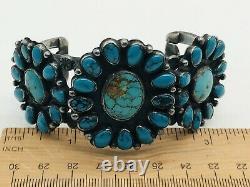 Vintage Navajo Sterling Silver Turquoise Triple Cluster Stamped Cuff Bracelet