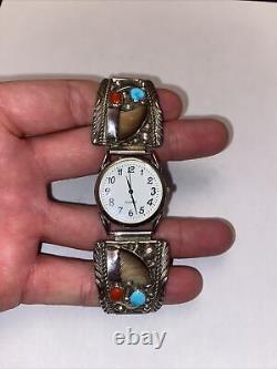 Vintage Navajo, Sterling, Silver Turquoise Watchband, Marked E Sterling