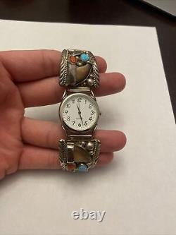 Vintage Navajo, Sterling, Silver Turquoise Watchband, Marked E Sterling