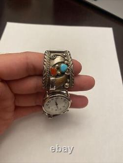 Vintage Navajo, Sterling, Silver Turquoise Watchband, Marked E Sterling