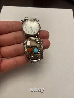 Vintage Navajo, Sterling, Silver Turquoise Watchband, Marked E Sterling