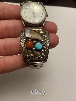 Vintage Navajo, Sterling, Silver Turquoise Watchband, Marked E Sterling