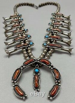 Vintage Navajo Sterling Silver Turquoise and Coral Squash Blossom Necklace MINT