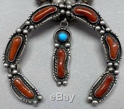 Vintage Navajo Sterling Silver Turquoise and Coral Squash Blossom Necklace MINT