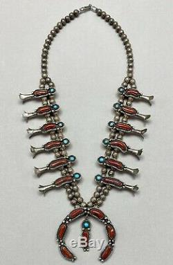 Vintage Navajo Sterling Silver Turquoise and Coral Squash Blossom Necklace MINT