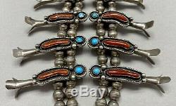 Vintage Navajo Sterling Silver Turquoise and Coral Squash Blossom Necklace MINT