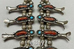 Vintage Navajo Sterling Silver Turquoise and Coral Squash Blossom Necklace MINT