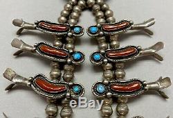 Vintage Navajo Sterling Silver Turquoise and Coral Squash Blossom Necklace MINT