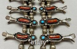 Vintage Navajo Sterling Silver Turquoise and Coral Squash Blossom Necklace MINT