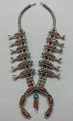 Vintage Navajo Sterling Silver Turquoise and Coral Squash Blossom Necklace MINT