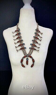 Vintage Navajo Sterling Silver Turquoise and Coral Squash Blossom Necklace MINT