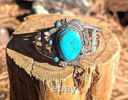 Vintage Navajo Turquoise Bracelet Genuine Sterling Silver Jewelry Signed Sz