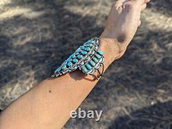 Vintage Navajo Turquoise Cluster Cuff Bracelet Sterling Silver Handcrafted Sz 7