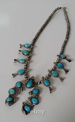 Vintage Navajo Turquoise Squash Blossom Sterling Silver Necklace 19