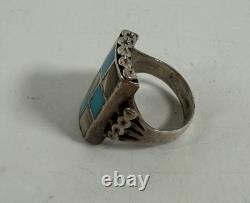 Vintage Navajo Zuni Sterling Silver MOP Turquoise Checkerboard Ring Sz 11.5