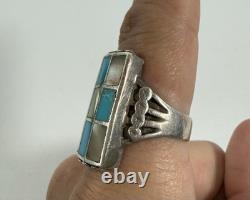 Vintage Navajo Zuni Sterling Silver MOP Turquoise Checkerboard Ring Sz 11.5