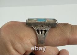 Vintage Navajo Zuni Sterling Silver MOP Turquoise Checkerboard Ring Sz 11.5