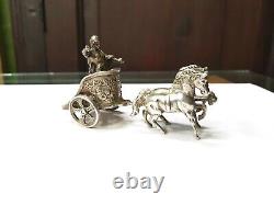 Vintage Old Hallmarked Sterling Silver Roman God On Chariot Drawn By Two Horses