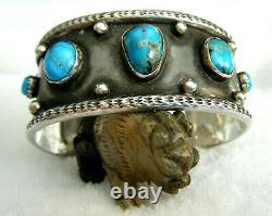 Vintage Old Pawn Blue Kingman Turquoise Navajo Sterling Silver 925 Cuff Bracelet