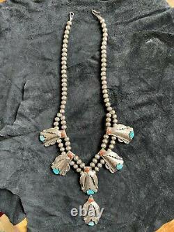 Vintage Old Pawn Navajo Silver coral and turquoise Squash Blossom Necklace